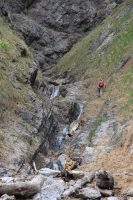 Einzelner Wanderer am Bachbett in Schlucht